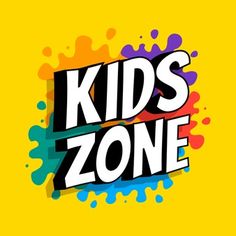 the words kids zone are painted in black and white on a yellow background with colorful spots