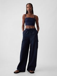 Mid Rise Linen-Cotton Pull-On Cargo Pants Cargo Pants Navy Blue, Navy Linen Pants, College Necessities, Toddler Jeans, Navy Linen, Cargo Trousers, Pull On Pants, Women's Summer Fashion, The Gap