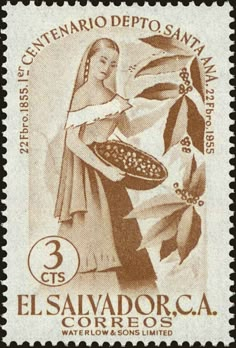 a stamp with an image of a woman holding a potted plant in her hand