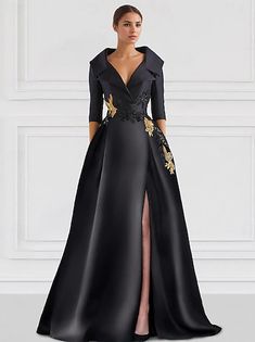 A-Line Evening Gown Elegant Dress Formal Floor Length 3/4 Length Sleeve V Neck Fall Wedding Guest Chiffon with Embroidery 2024 2024 - $119 Black Formal Wedding Guest Dress, Split Dress Formal, Red Green Dress, Cocktail Dress Elegant, Celebrity Style Dresses, Satin Bridal Gowns, Cheap Cocktail Dresses, Gown Elegant, Formal Wedding Guests