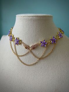 Bead Necklace Inspiration, Purple Gold Jewelry, Dark Purple Jewelry, Fantasy Choker, Princess Choker, Butterfly Choker Necklace, Wedding Choker Necklace, Purple Choker, Ethereal Jewelry