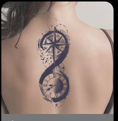 the back of a woman's neck with a compass and clock tattoo on it