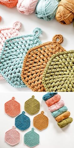 several crocheted baskets and balls of yarn on a white surface with text overlay