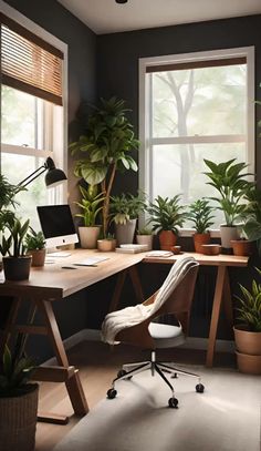 a home office with plants in the corner