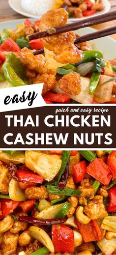 thai chicken cashew nuts with chopsticks on the side and text overlay