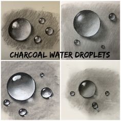 four different types of water droplets with the words charcoal water droplets above them in black and white