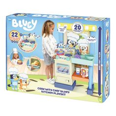 Now your child can cook and clean like Bluey and Bingo in the Bluey Omelet Episode with the Cook With Chef Bluey Kitchen Playset! There’s so much to do in Bluey’s Cook & Clean Kitchen with four fun areas to play in. Cook on the Stove, wash in the Sink, prepare in the Work Area and bake in the Oven! With 20 cooking and food play pieces included, your little ones can prepare an omelet for breakfast, cook a burger for lunch and even bake a Duck Cake for dessert! The Kitchen playset comes to life wi Baby Bingo Bluey, Bluey Toys, Bluey Stuff, Duck Cake, Coffee And Espresso Maker, Clean Cooking, Cook Up A Storm, Chefs Hat, Play Food