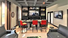 a living room filled with furniture and a flat screen tv mounted to the wall next to a bar