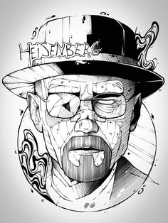 a black and white drawing of a man wearing a hat with the word hellbe on it