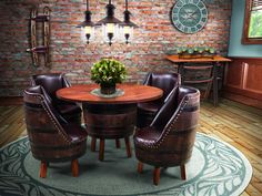 a round table with brown leather chairs around it in front of a red brick wall