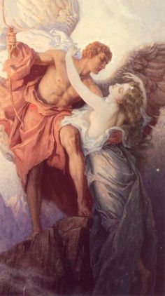 the painting depicts an angel and a man on top of a mountain