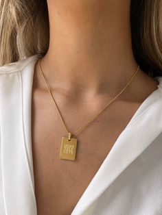 MORE SELF LOVE super cute necklace to inspire you and remind you to take love yourself more and take care of you, your body, and your mind.  Details: - gold filled - stainless steel and 18k gold - will not turn colors/tarnish - hypoallergenic - minimalist - ships the next day 🦋  WHY VASI Jewelry? - Ethically sourced gems and stones - Made with recycled gold - Handmade or designed/sourced - Shop local (based in Columbus, OH) - Beats major competitors prices - Beats Etsy prices - Long lasting qua Mother's Day Gold Charm Necklace With Square Pendant, Gold Rectangular Necklace For Best Friend, Gold Rectangular Jewelry For Best Friend Gift, Rectangular Gold Jewelry For Best Friend, Gold Rectangular Necklace As Gift For Mom, Rectangular Gold Necklace As Gift For Mom, Gold Rectangular Necklace For Mom, Square Gold Pendant, More Self Love