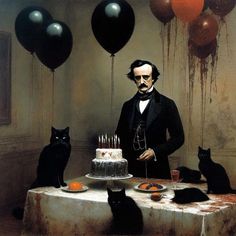 a painting of a man standing in front of a cake with cats sitting around it