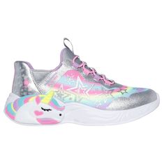 Enchant them with the sparkling, colorful fun of Skechers Hands Free Slip-ins Unicorn Dreams - Starry Lite. Designed with our exclusive Heel Pillow , this light-up sneaker features a glittery, star-printed synthetic upper with a fixed stretch-laced front, Adaptive Closure, Skechers Air-Cooled Memory Foam insole, and a unicorn-embellished midsole. | Skechers Girl's Slip-ins: Unicorn Dreams - Starry Lite Sneaker | Medium Width | Skechers Hands Free Slip-ins for an easy fit | Exclusive Heel Pillow Girls Gift Guide, Light Up Sneakers, Girls Shoes Sneakers, Size Chart For Kids, Lace Up Wedges, Shoes Flats Sandals, Girls Shoes Kids, Skechers Women, School Shoes