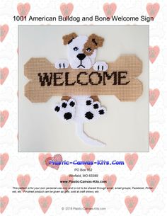 a cross stitch pattern with a dog holding a bone and the words welcome written on it