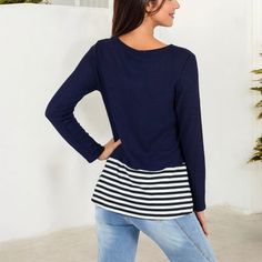 The Anna-Kaci Women's Long Sleeve Waffle Knit Top offers a stylish layered look with its striped hem contrast detail. Crafted from soft and breathable waffle knit fabric, this tunic-style top provides all-day comfort while maintaining a chic casual appearance. The versatile design pairs perfectly with jeans or leggings, making it a go-to piece for effortless everyday wear. Ideal for layering or wearing on its own, this top adds a modern, laid-back vibe to your wardrobe while ensuring comfort and Winter Cotton Tops With Striped Hem, Navy Top With Contrast Stripes For Fall, Crew Neck Tops With Striped Hem For Layering, Navy Tops With Contrast Stripes For Spring, Navy Top With Contrast Stripes For Spring, Crew Neck Tops With Striped Hem, Spring Layering Tops With Striped Sleeves, Long Sleeve Tops With Striped Hem For Layering, Long Sleeve Tops With Contrast Stripes For Layering