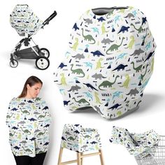 a woman standing next to a baby stroller and cover with dinosaurs on it