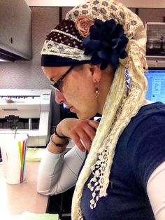 A lace-and-navy day at the office Head Scarf Tying, Celebrating Diversity, Wigs Hairstyles, Bling Accessories