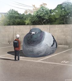 a man standing next to a giant bird in a parking lot with another person looking at it