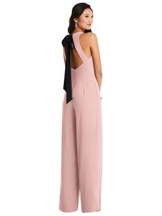 Cutout Open-Back Halter Jumpsuit with Scarf Tie | The Dessy Group Elegant Spring Jumpsuits And Rompers With Back Opening, Chic Evening Jumpsuit With Tie Back, Sleeveless Evening Jumpsuit With Tie Back, Elegant Evening Jumpsuit With Tie Back, Evening Jumpsuits And Rompers With Tie Back, Chic Formal Backless Jumpsuit Or Romper, Chic Formal Backless Jumpsuits And Rompers, Chic Fitted Jumpsuit With Tie Back, Chic Tie-back Jumpsuits And Rompers