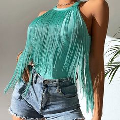 Fashionnova Country Fringe Teal Top Sz. L Cowgirl Tops For Women, Summer Stretch Fringe Tops, Trendy Light Blue Top For Party, Trendy Light Blue Party Top, Light Blue Tops For Summer Parties, Blue Fringe Top For Spring, Light Blue Summer Party Tops, Light Blue Party Tops For Summer, Fitted Summer Tops With Fringe