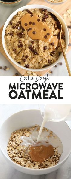 an oatmeal is being poured into a bowl with chocolate chips on top