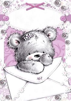 a drawing of a teddy bear in an envelope with flowers on it's head