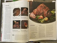 an open magazine with pictures of meat and vegetables