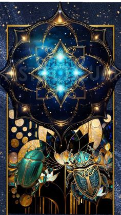 a blue and gold artwork with stars in the background