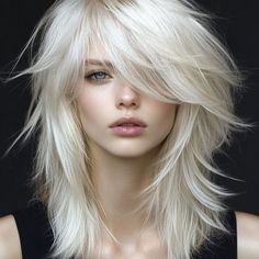 Long Layered White Hair, Wolf Cut Blonde Hair, Hair Color Platinum, Blonde Hair With Fringe, Blonde Shag, Feathered Fringe, Platinum Blonde Hair Color Ideas, Blonde Transformation