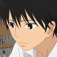 an anime character with black hair and brown eyes looking at the camera while wearing a white shirt