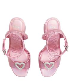 Barbie™ x ALDO The DreamHouse™ Collection Barbie Party Rhinestone Heart Iridescent Platform Sandals | Dillard's Homecoming Heels Pink, Pink Heart Heels, Cute Pink Sandals, Pink Heart Shoes, Brats Shoes, Fancy Shoes Flats, Pink Designer Shoes, Barbie Sandals, Barbie Heels