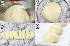 four pictures showing how to make bread dough