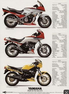 three different types of motorcycles are shown in this advertisement for the yamaha motorbike company