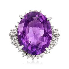 Ross-Simons - C. 1990 Vintage 17.12ct Amethyst Ring, .71ct t. w. Diamonds. Size 6.5. C. 1990. The power of purple is irresistible! From our Estate collection, this stunning 17.12 carat oval amethyst ring is haloed by .71 ct. t. w. baguette and round brilliant-cut diamonds, which elevates any already gorgeous design to sparkling new heights. Finely crafted in polished platinum. 7/8" wide. Diamond and amethyst ring. Exclusive, one-of-a-kind Estate Jewelry. Amethyst birthstones are the perfect gift Vintage Amethyst Ring, Oval Amethyst Ring, Amethyst Cocktail Ring, Amethyst Ring Vintage, Amethyst Birthstone, Alexis Bittar Jewelry, Fine Jewelery, Gorgeous Design, Amethyst Ring