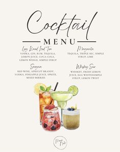 the cocktail menu is shown with different drinks