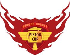 the logo for hudson hornet's piston cup is shown in red and yellow flames