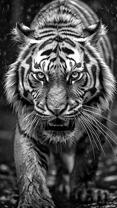 a black and white photo of a tiger walking in the rain