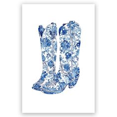 a blue and white cowboy boot with flowers on the inside is featured in an art print