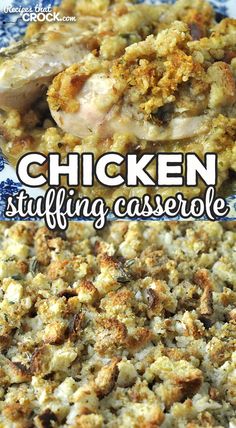 chicken stuffing casserole on a blue and white plate with the words chicken stuffing casserole above it