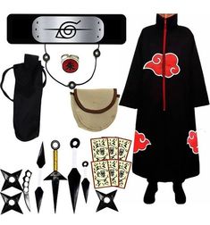 an assortment of costume and accessories displayed on a white background with clippings for text