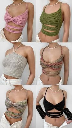 four different types of women's bras with crochet and beads on them