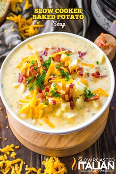 a bowl of potato soup with bacon and cheese