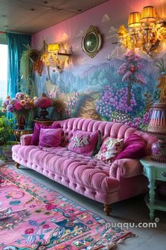 a pink couch sitting in front of a painting on the wall next to a rug