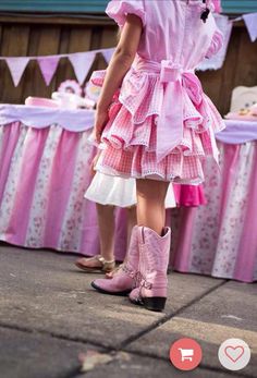 Custom-made pink gingham ruffle dress and matching pink and white vegan boots. Chair Sashes, Vegan Boots, Pink Gingham, Birthday Banner