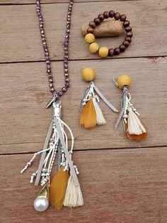 These mustard pieces will make any outfit pop with color! Handmade Turquoise Tassel Necklace Bohemian Style, Bohemian Turquoise Necklaces With Tassels, Turquoise Concho Bohemian Necklace, Turquoise Beaded Necklace With Tassels, Bohemian Style, Turquoise Multi-strand Bohemian Necklace, Plunder Design Jewelry, Plunder Jewelry, Plunder Design, Vintage Closet