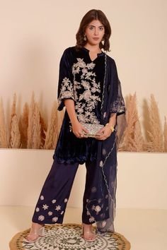 Blue three fourth sleeves velvet A-line kurta with midnight bloom embroidery using moti and tonal sequins encrustments. Paired with a matching sequin bloom butti velvet pant. - Aza Fashions Bloom Embroidery, Velvet Kurta, Velvet Pant, Pant For Women, A Line Kurta, Kurta With Pants, Velvet Color, Velvet Pants, Pants Pattern