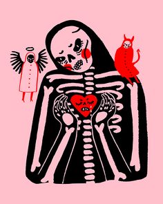 a drawing of a skeleton holding a heart with an owl perched on top of it