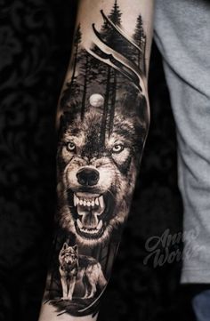 jaw-dropping wolf tattoos Wolf Girl Tattoos, Wolf Tattoo Forearm, Lone Wolf Tattoo, Wilderness Tattoo, Fenrir Tattoo, Wolf Sleeve, Wolf Tattoos Men, Animal Sleeve Tattoo, Tier Tattoo