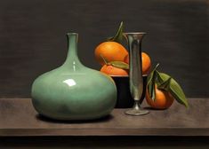 a painting of oranges and a vase on a table